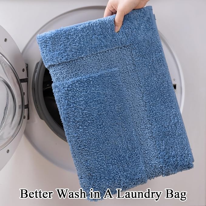 SHACOS Soft Microfiber Bathroom Rugs Set of 2 Pieces, Blue | 47x20 + 32x20, Absorbent Plush Bath Rugs, Non Slip Washable Shaggy Bath Mats, Fluffy Bathroom Runner Floor Mats Shower Rug