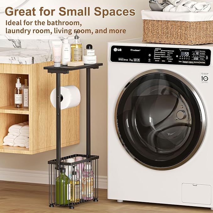 Free Standing Toilet Paper Holder with Storage Shelf – Bathroom Tissue Stand with Space for Phone, Wet Wipes and Magazines – All-in-One Toilet Roll Dispenser and Organizer Holds 4-6 Rolls