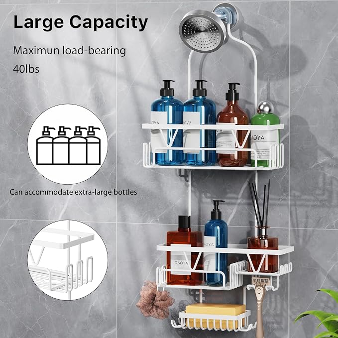 DAOYA Over the Shower Head Caddy, White Shower Caddy Hanging, 3 Tier Anti-Swing Bathroom Organizer with Soap Holder & Hooks