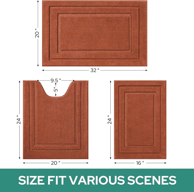 HOMEIDEAS Burnt Orange Bath Rugs Set of 3, Non Slip Bath Mats | Super Absorbent, Plush Microfiber, Machine Washable, Stain Resistant, Easy Care, Perfect for Modern Bathroom Decor