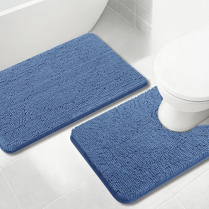 Bathroom Rugs Chenille, Extra Thick and Absorbent, Non-Slip, Machine Washable, Dry Quckily, Soft Cozy Plush, Used Under Shower Bathtub and Sink, Bath mat Sets Fog Blue