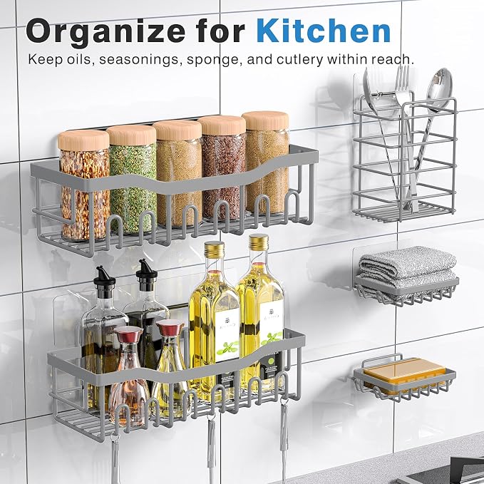 Shower Caddy 5 Pack,Adhesive Shower Organizer for Bathroom Storage&Home Decor&Kitchen,No Drilling,Large Capacity,Rustproof Stainless Steel Bathroom Organizer,Shower Shelves for Inside Shower-Larger