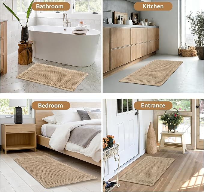 JIUZHEN Waffle Bath Mat Super Absorbent Non Slip Waffle Bath Mats Machine Washable Bathroom Shower Rugs Ultra Soft Boho Bath Rugs for Bathroom, 16" x 24", Loop-Brown