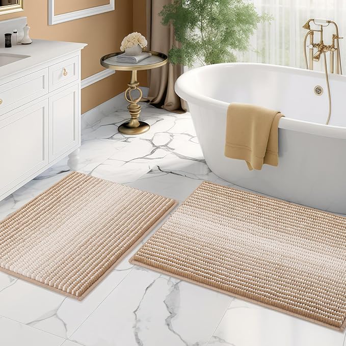 BSICPRO Bathroom Rugs Sets 2 Piece, Non Slip Boho Bath Mats, Beige | 20"x32" Plus 16"x24", Soft Absorbent Striped Chenille, Quick Dry Machine Washable, Shower Rug for Bathroom Bedroom Decor