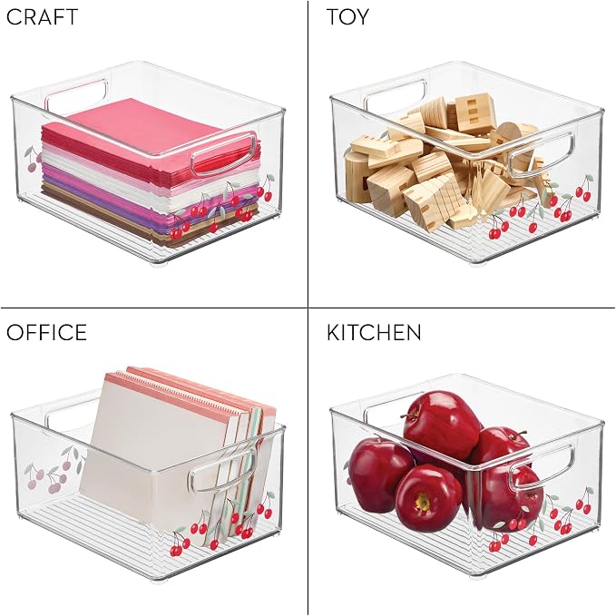 iDesign Bathroom Organizer Bin, Clear/Cherries | Decorative Print, Stackable, Plastic Storage Basket, For Makeup & Vanity Organization