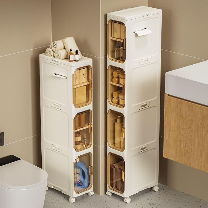 Slim Bathroom Storage Cabinet, Foldable & Movable Narrow Storage Organizer for Small Spaces, Bathroom, Kitchen, Laundry Room, Living Room (3-Tier)
