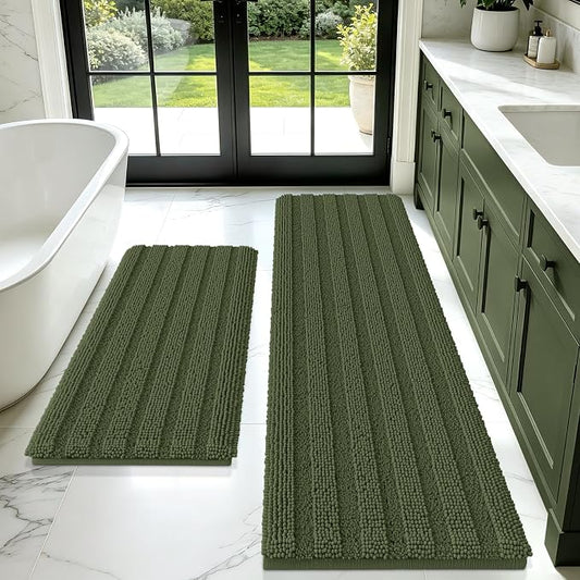 Christmas Striped Olive Green Bathroom Rug Mat Set 2 piece 32"x20"+60"x20" Ultra Soft, Non Slip Chenille Bath Rugs, Absorbent Plush Shaggy Bath Mats for Bathroom, Bedroom, Kitchen, Shower, Tub
