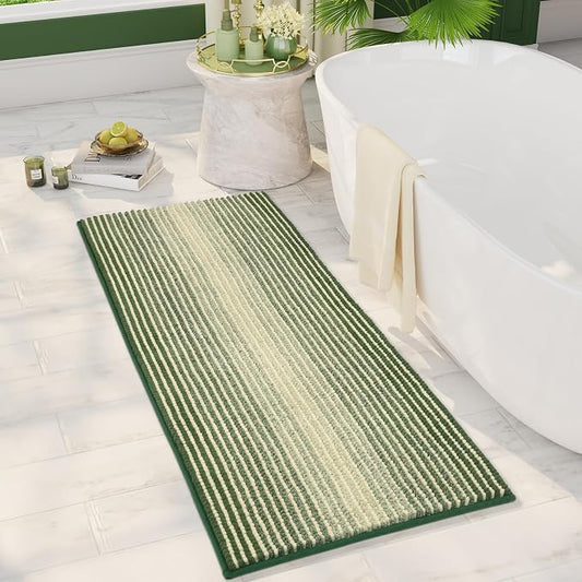 BSICPRO Large Bathroom Rugs Runner, 20x47 Chenille Bath Mats, Green | Extra Soft Absorbent, Non Slip Striped, Quick Dry Machine Washable, Shower Rug for Bathroom Bedroom Decor