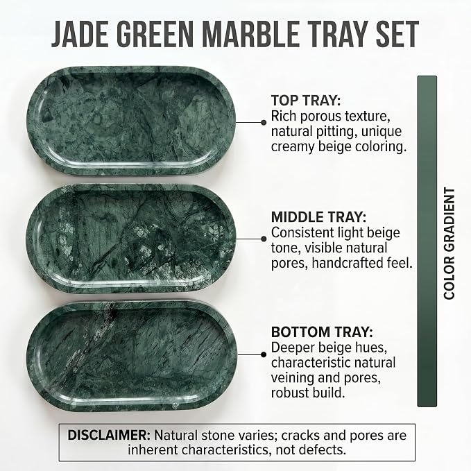 YKAJO Jade Green Oval Marble Tray, 9.8x4.7 Vanity Perfume Organizer Dish | Honed natural stone; jewelry & trinket dish, ring & key holder, soap & candle catchall; bath counter, dresser, coffee table