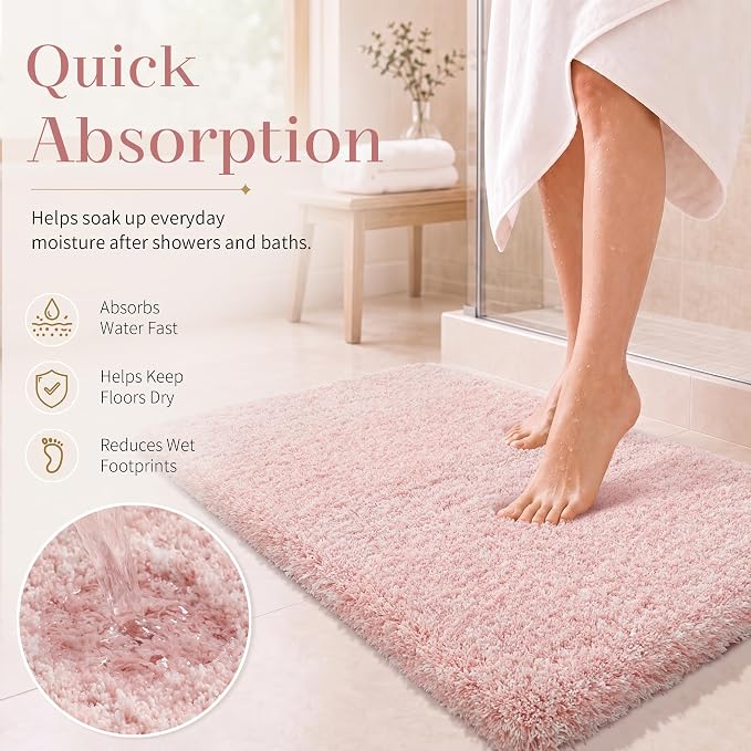 Yimobra Bathroom Rugs Non Slip Washable 36X24, Ultra Soft and Water Absorbent Bath Mats, Plush Fluffy Shower Mat Outside, Luxury Microfiber Thick Matts for Bathroom Floor/Tub, Light Pink and White