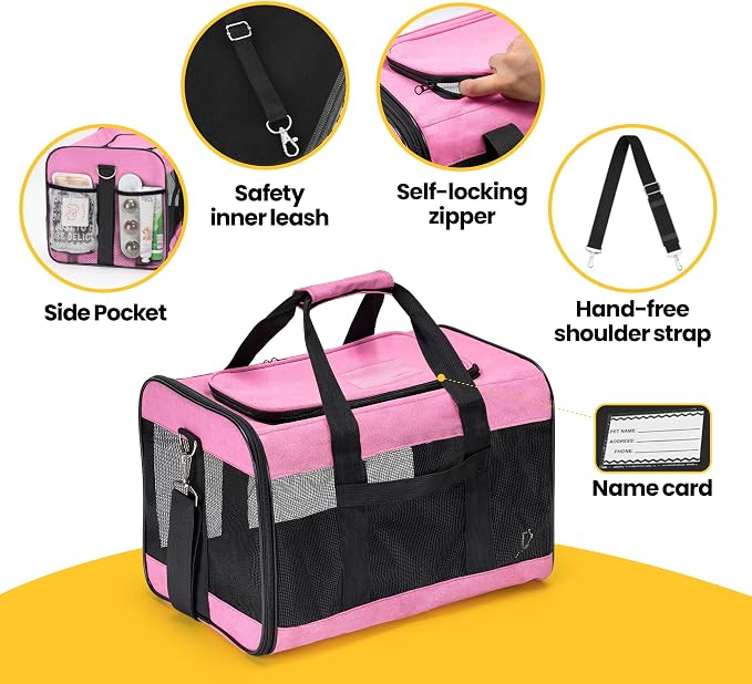 Conlun Dog Carrier Soft Sided, Large Cat Carrier up to 20 Lbs,Pink L | with Inner Safety Leash, Pet Transport Carrier for Large Cats and Medium Dog, Collapsible Puppy Carrier Bag