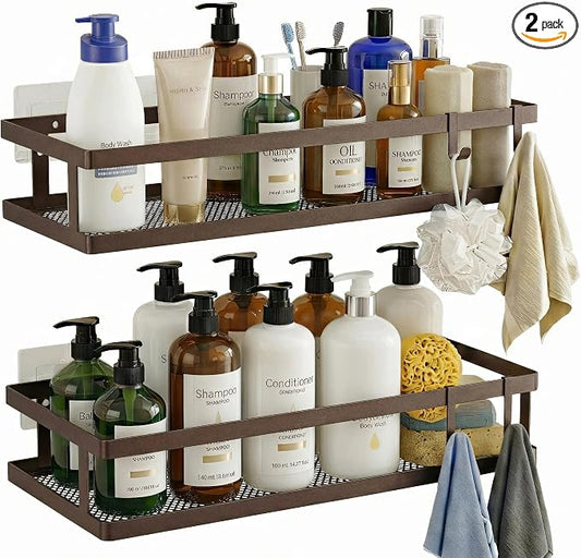 PUSDON 2-Pack Minimalist Shower Caddy Wall Mount, Open Frame Bathroom Shelf Organizer with Mesh Base, Rustproof Floating Spice Rack for Kitchen, Holds 50 LBS, 4 Hooks - Vintage Bronze, Guardrail