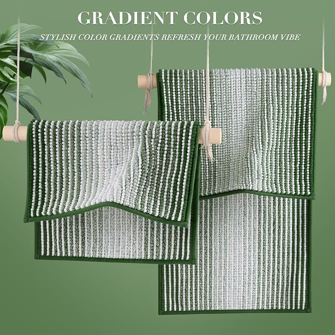 Bathroom Rugs Sets 2 Piece, Non Slip Striped Bath Mat, Hunter Green | 20"x47" Plus 20"x32", Soft Absorbent Chenille, Quick Dry Machine Washable, Shower Rug for Bathroom Floor, Tub, Bedroom Decor