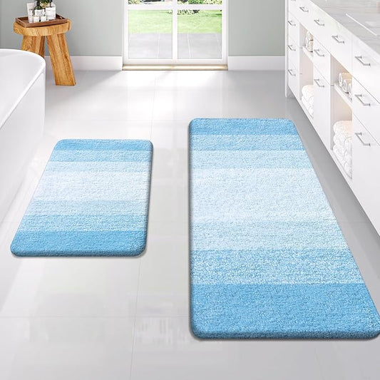 OLANLY Micorfiber Bathroom Rug Set 2 Piece, 47"x20"+24"x16" | Sky Blue, Soft Absorbent Bath Rug Set, Non-Slip, Machine Wash Dry, Plush Shaggy Bath Mats for Bathroom