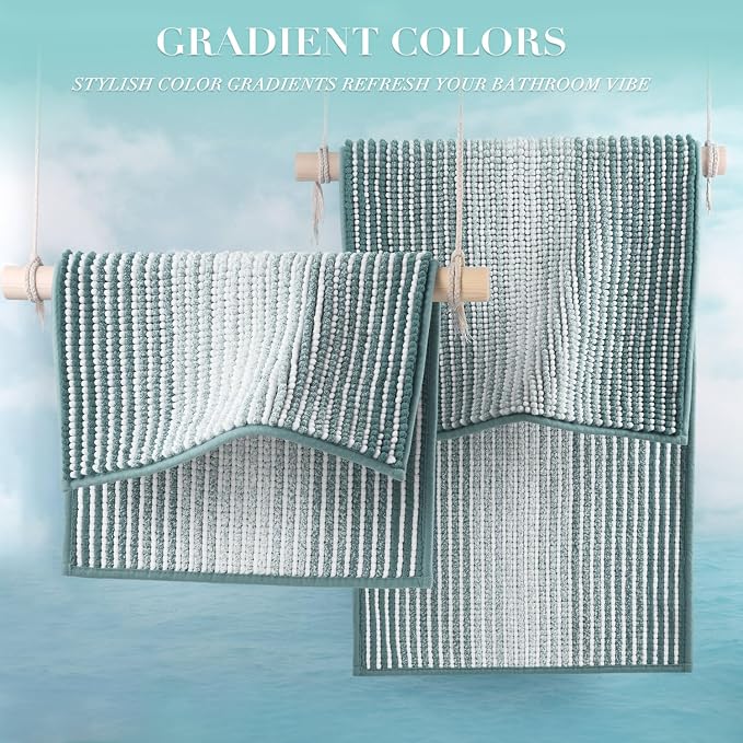 Bathroom Rugs Sets 2 Piece, Non Slip Striped Bath Mats, Sea Green | 20"x47" Plus 16"x24", Soft Absorbent Chenille, Quick Dry Machine Washable, Shower Rug for Bathroom Floor, Tub, Bedroom Decor