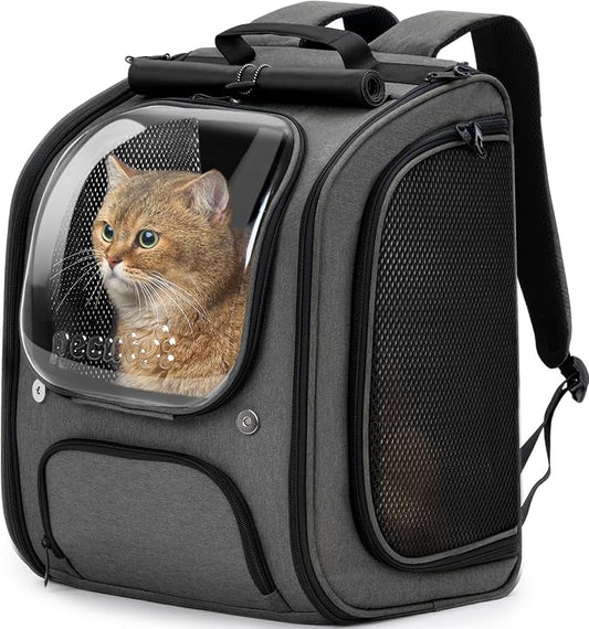 Pecute Cat Backpack Carrier,Large Space Dog Backpack Carrier,Ergonomic,Gray | Bubble Transparent Window,Sunshade Curtain,Safety Rope,Sturdy,Large Mesh for Breathability,Suitable for Outdoor,Vet