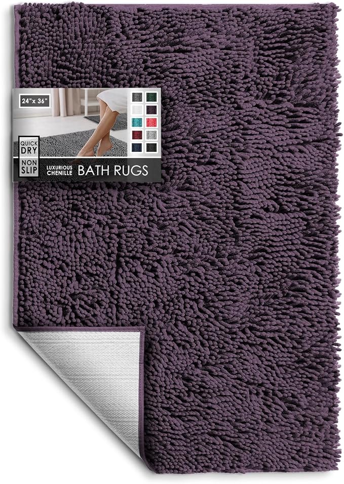 Hearth & Harbor Bathroom Rugs, Chenille Bath Mat - Machine Washable Bath Mats for Bathroom Non-Slip Backing Rubber, Quick Dry Bathroom Mat - Purple 24x36