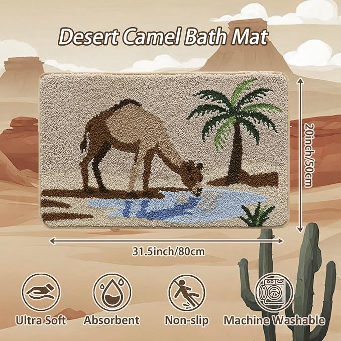 Bathroom Rug Mat, Desert Oasis Sunset Fluffy Rug with Camel & Palm Tree, Ultra Absorbent Microfiber Shaggy Door Mat, Quick Dry Bath Rug Carpet for Toilet Bathtub Bedroom 20x31 Inch
