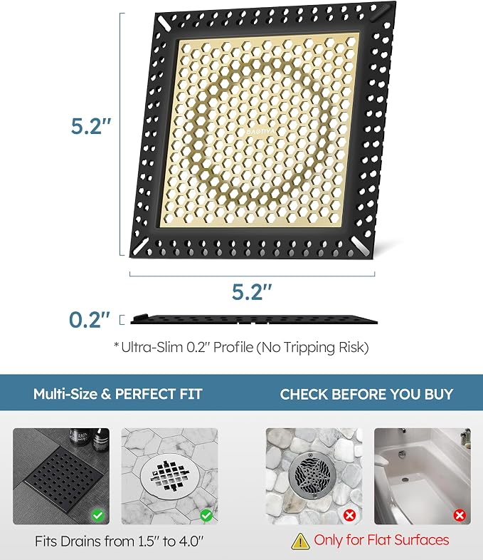 Square Shower Drain Hair Catcher, Anti-Clogging, 4 inch | 304 Stainless Steel and TPE Material/ Not Moving / Easy Clean / Fast Drainage / Fits Bathroom Hair Catcher for Shower
