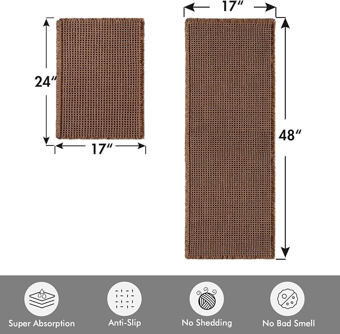 MIULEE Set of 2 Waffle Bathroom Rugs Boho Bath Mat Mocha 17"x24"+17"x48" | Non Slip, Super Absorbent, Washable, Ultra Soft, Rubber Backed, Small Bath Rug and Bathroom Runner for Floor Tub Shower