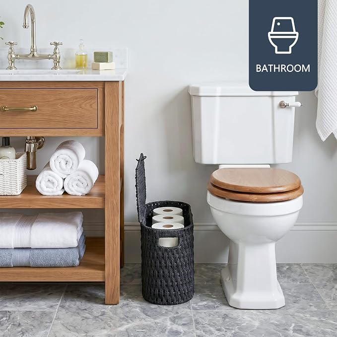 Coeusy Toilet Paper Storage Basket with Lid, Paper Rope Toilet Paper Holder for Up to 6 Mega Rolls, Wicker Basket for Bathroom Accessories Organizer, Boho Hand Woven Rattan Decorative Decor, Black