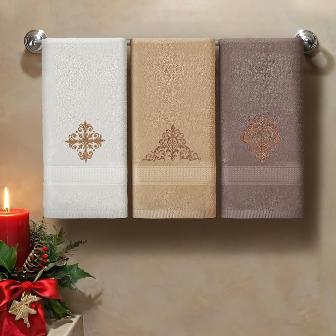 3 Pcs Vintage Brown Hand Towels Fancy Bathroom Decor | Embroidered Scroll Flower Design, 100% Cotton, Brown Bathroom Kitchen Decor, Absorbent Towels, Holiday Housewarming Gifts