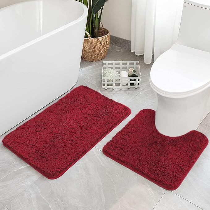 MIULEE Red Bathroom Rugs Set 2 Piece Soft Bath Mats 20x24+16x24 Inch | Absorbent Microfiber Bath Mat and U-Shaped Toilet Rug, Non Slip, Quick Dry, for Bathroom Floor Tub Showers, Machine Washable