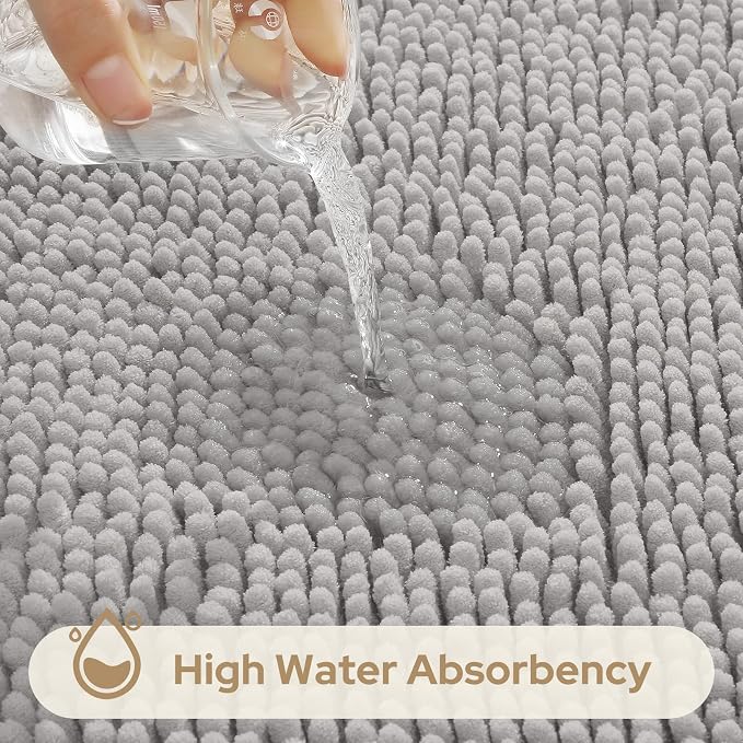 HOMEIDEAS Light Grey Chenille Bathroom Rugs Set of 3, Non Slip Bath Mat | Super Absorbent, Soft Microfiber, Machine Washable, Stain Resistant, for Bathroom Decor