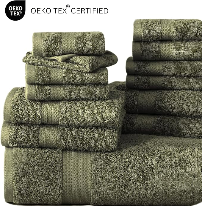 LANE LINEN Large Bath Towel Set Absorbent Quick Dry 100% Cotton - Oil Green | Cotton Towels - Fade-Resistant Color, Classic Terry Weave, Densely Woven & Durable, Easy-Care, Coordinated Colors