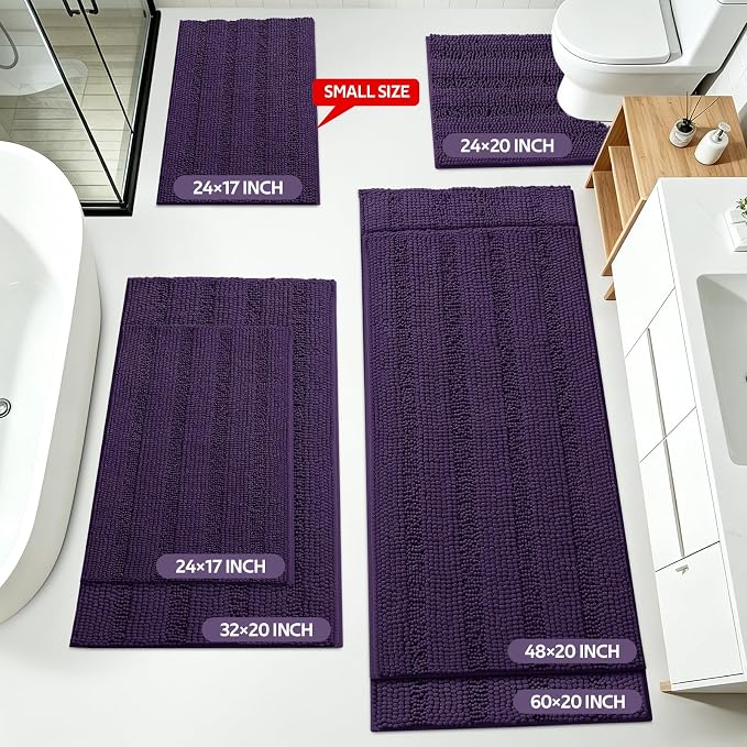 ACCUMTEK Striped Eggplant Purple Bathroom Rug Mat Set 2 piece 24"x17"+48"x20" Ultra Soft, Non Slip Chenille Bath Rugs, Absorbent Plush Shaggy Bath Mats for Bathroom, Bedroom, Kitchen, Shower, Tub