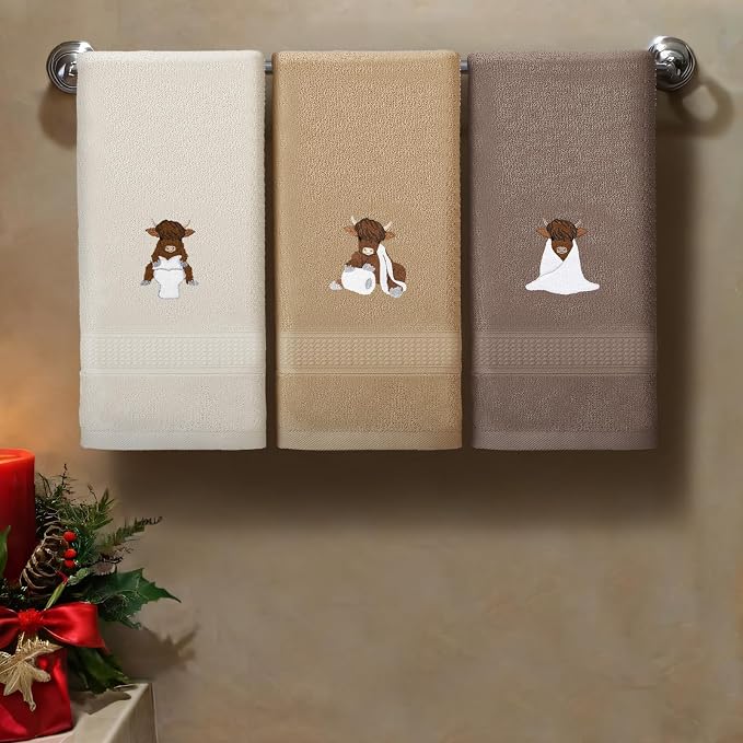 3 Pcs Highland Cow Hand Towels for Bathroom Kitchen Decor Gifts | Embroidered Highland Cow Design, 100% Cotton, Farmhouse Bathroom Kitchen Decor, Absorbent Towels, Holiday Housewarming Gifts
