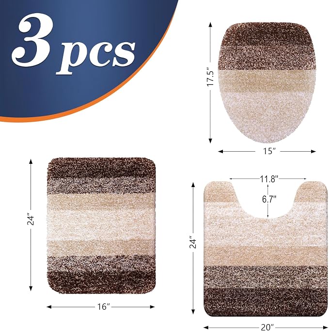 OLANLY Bathroom Rugs Sets 3 piece, Soft Microfiber Absorbent Bath Mat, U-Shaped Contour Toilet Mat and Toilet Lid Cover, Quick Dry, Machine Washable, Toilet Cover and Rug Set for Bathroom, Brown
