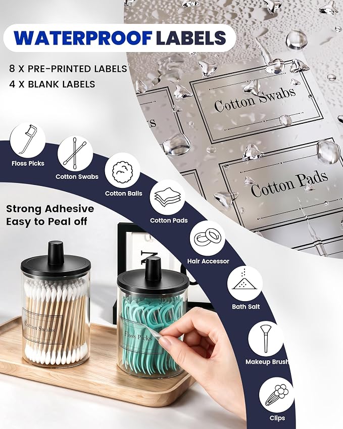 Glass Qtip Holder Dispenser - 4 Pack, Bathroom Decor and Organizer | Clear Canister Apothecary Jars with Lids for Cotton Swabs, Balls, Pads, Floss Picks, Vanity Bathroom Accessories Storage Set