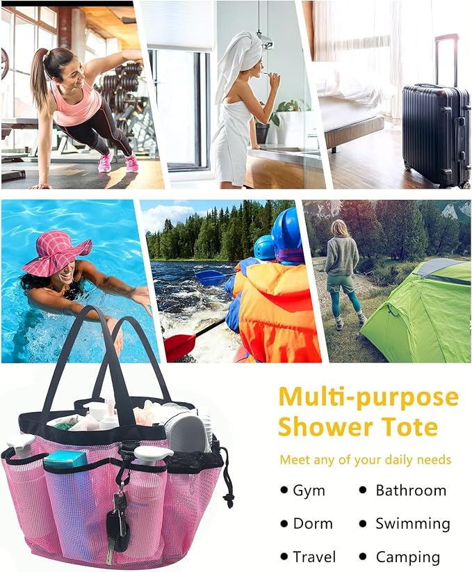 Moyad Large Mesh Shower Caddy Hanging Beach Tote Bag Travel Portable Cleaning Caddy Shower Organizer Camping Accessories College Dorm Room Essentials, Pink