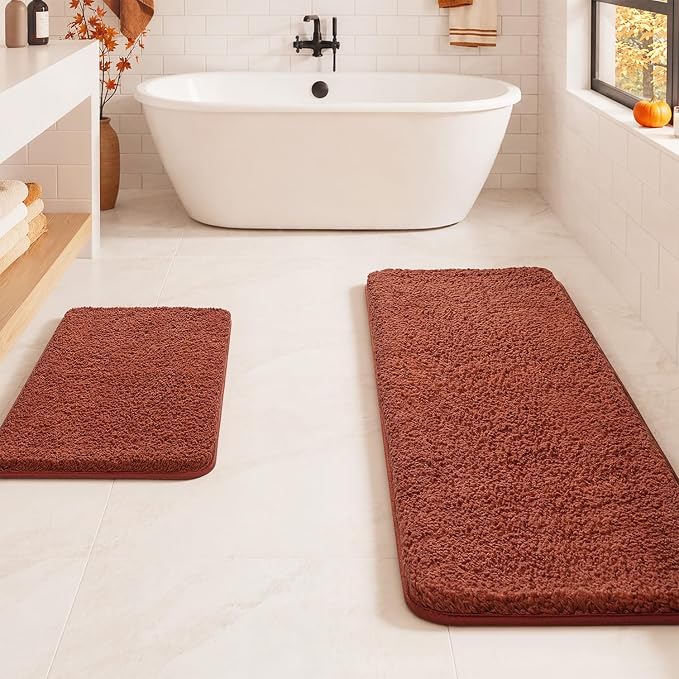 MIULEE Fall Rust Bathroom Rugs Set 2 Piece Soft Bath Mats 16x24+16x48 Inch | Soft Absorbent Microfiber Bath Rugs, Non Slip, Quick Dry, Fluffy Bath Rugs for Bathroom Floor Tub Showers, Machine Washable
