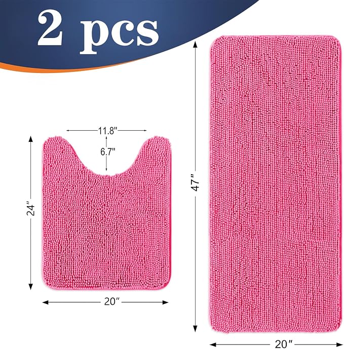 OLANLY Chenille Bathroom Rugs Mats Sets 2 Piece, 47"x20"+24"x20", Hot Pink | Soft Absorbent Bath Mat and U-Shaped Contour Toilet Rug Set, Quick Dry, Machine Washable Bath Carpet, Home Decor Accessories