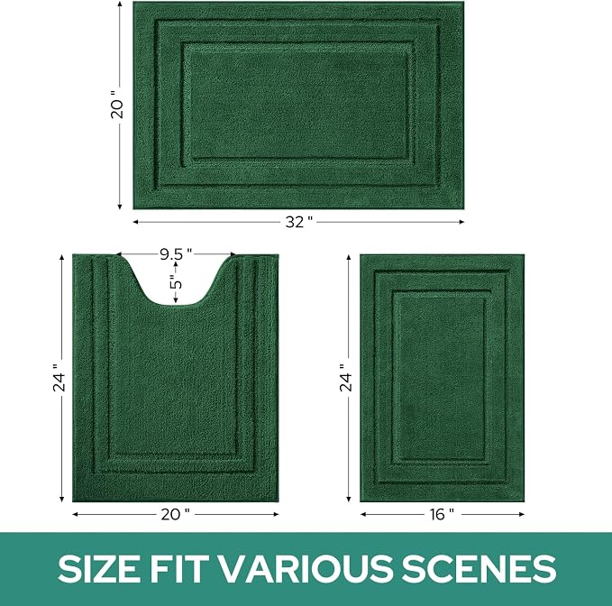 HOMEIDEAS Dark Green Bathroom Rugs Set of 3, Non Slip Bath Mats | Super Absorbent, Plush Microfiber, Machine Washable, Stain Resistant, Easy Care, Perfect for Modern Bathroom Decor