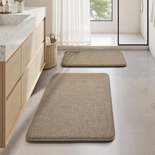 HOMEIDEAS Memory Foam Bathroom Rugs Set of 2, Beige 24"x17"+32"x20" | Ultra Absorbent Quick Dry Bath Mats with Non Slip PVC Backing, Machine Washable, Ideal for Bath Floor, Shower and Tub