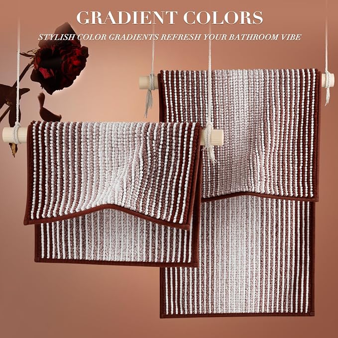 Bathroom Rugs Sets 2 Piece, Non Slip Striped Bath Mat, Burgundy Red | 20"x47" Plus 16"x24", Soft Absorbent Chenille, Quick Dry Machine Washable, Shower Rug for Bathroom Floor, Tub, Bedroom Decor