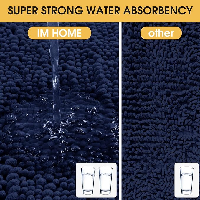 ACCUMTEK Upgrade Luxury Navy Blue Bathroom Rug Mat 48"x17", Ultra Soft Thick Absorbent Bath Mats, Non Slip Chenille Toilet Mat for Bathroom, Bedroom, Kitchen, Shower, Tub