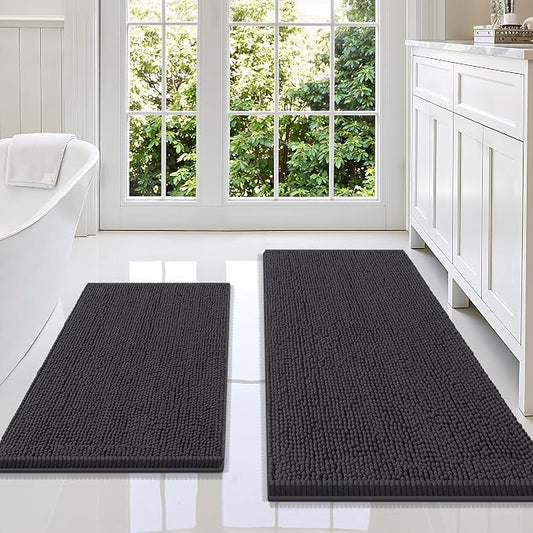 Smiry Chenille Bathroom Rugs Sets 2 Piece (47x20+30x20, Charcoal Grey) | Soft Absorbent Machine Washable Non Slip Shaggy Bath Rug Set for Tub, Shower, and Floor, Home Decor