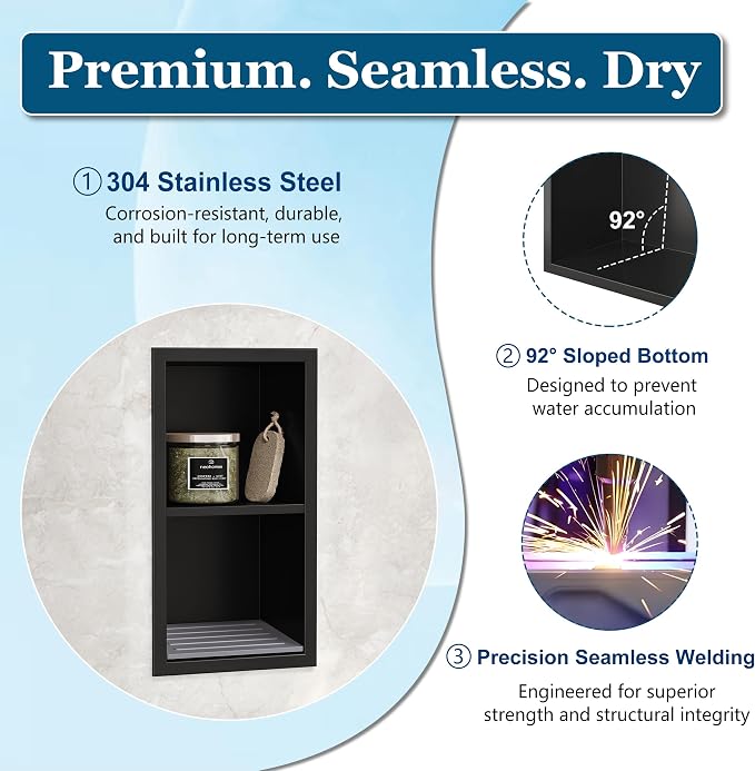 Neodrain Shower Foot Rest for Shaving Legs, 304 Stainless Steel Shower Niche, Recessed Shower Step for Shaving Legs,Niche for Shower Wall, Bathroom Foot Rest (Matte Black, 12.3"x 6")