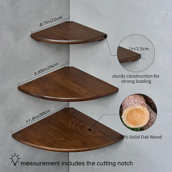 Corner Shelves, Floating Corner Shelf, Set of 3 Solid Oak Wood Corner Wall Shelves, Round End with Wire Hole Shelving for Small Plant for Bedroom Kitchen, Living Room (Size 9/10/12in)