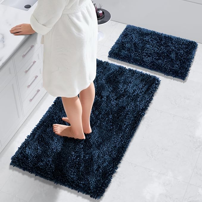 Yimobra Bathroom Rug Set 2 Piece, Luxury Shaggy Bath Mat Set with Non Slip Backing, Ultra Soft & Absorbent Mats for Bathroom Floor, Machine Washable, 44"x24"+24"x17", Peacock Blue