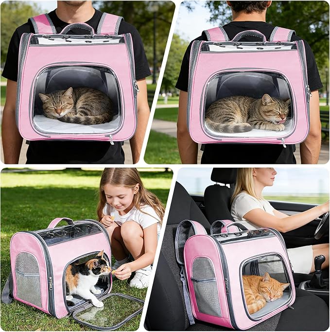 Airline Approved Cat Soft-Sided Carrier Backpack Up to 12 lbs (Pink) | Airport-Friendly Breathable Mesh Foldable Pet Travel Bookbag with Reinforced Support, Portable Puppy Carry Bag for Kitty