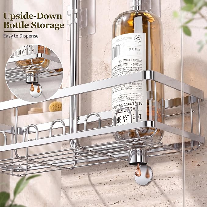 Skyapex Shower Caddy Hanging: Adjustable Height, Rustproof Shelves with Hooks, 2 Soap Holders - Silver Shower Organizer Over Showerhead