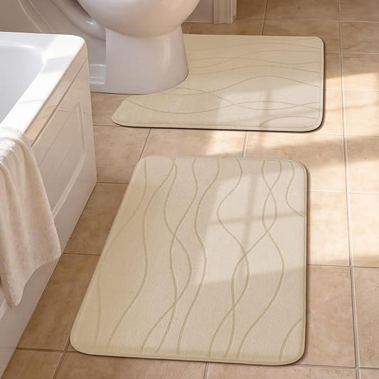 Bathroom Rugs Set 2 Piece, Memory Foam Bath Mat Khaki | U Shaped+Small Mat, Ultra Soft, Absorbent, Non-Slip, Machine Washable, for Bathroom, Sink and Toilet