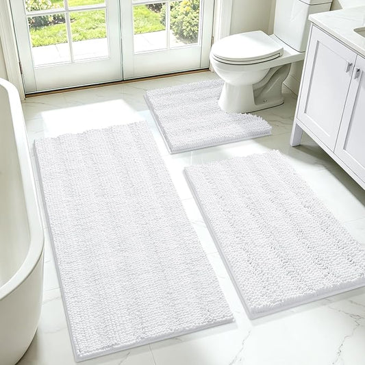 ACCUMTEK Striped White Bathroom Rug Set 3 Pieces Ultra Soft, Non Slip Chenille Toilet Mat, Absorbent Plush Shaggy Bath Mats for Bathroom, Bedroom, Kitchen, Ivory