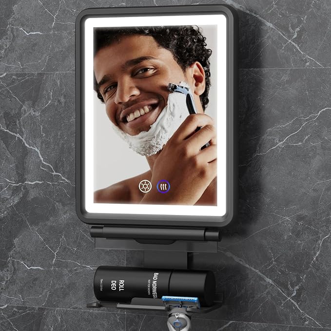Heated Shower Mirror Fogless for Shaving, Anti-Fog Mirror for Shower | 3 Colors Stepless Dimmable Lights, 5000mAh Rechargeable Battery with Razor Holder, No-Drilling, Light Memory Function