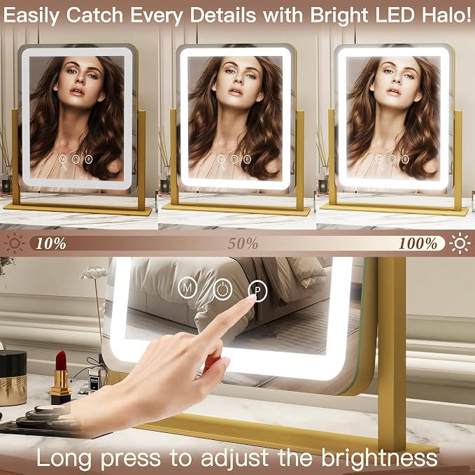 FENNIO Vanity Mirror with Lights - 15"x12.6" LED Lighted Makeup Mirror, Large Makeup Mirror with Lights, Touch Screen with 3-Color Lighting, Dimmable, for Vanity Desk Tabletop, Bedroom Gold